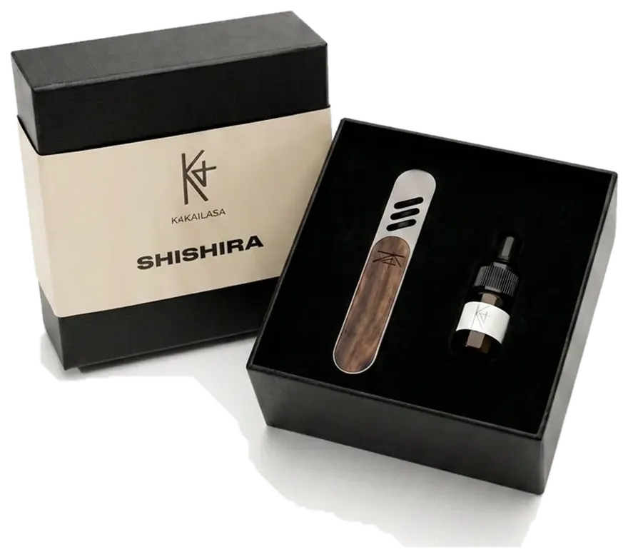 K4KAILASA SHISHIRA gift set — box, walnut diffuser clip, and fragrance oil vial