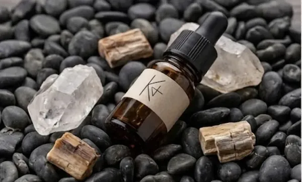 K4KAILASA fragrance vial styled with crystals and stones