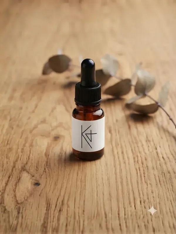 K4KAILASA vial styled with eucalyptus on a wood table